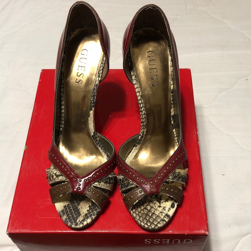 GUESS Red and Brown Snakeskin Peep-Toe Heels with Stud Detail